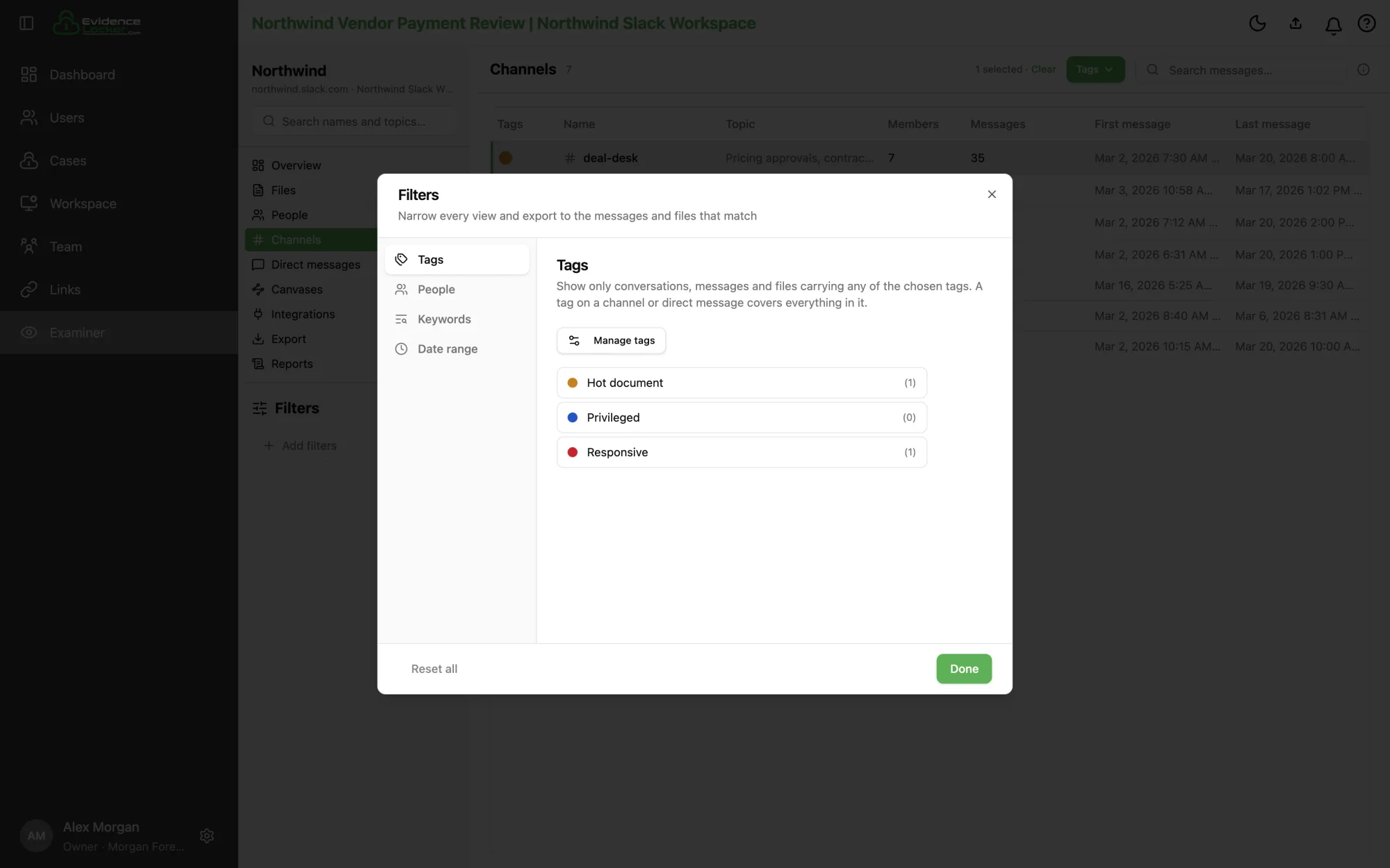 The Filters dialog with the Tags section open